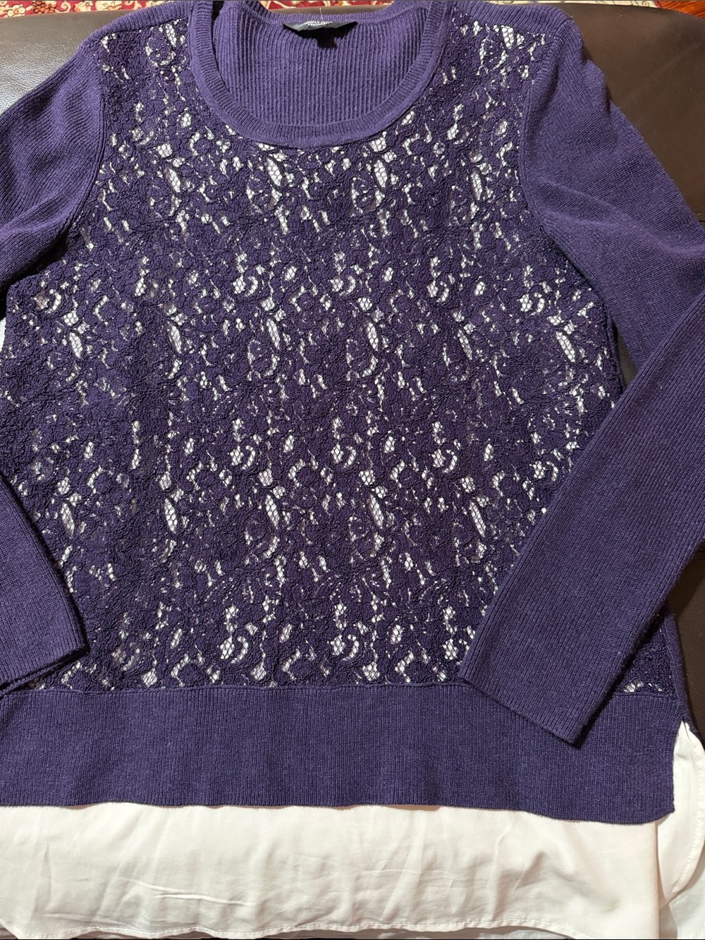 Vera Wang Purple Lace-Front Scoop Neck Layered-Hem Sweater